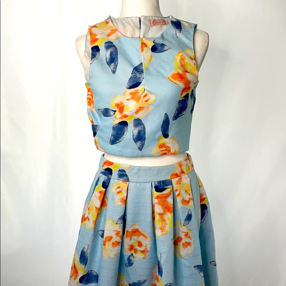 Blush 2 Piece Crop Top Skirt Set Sky Blue Floral